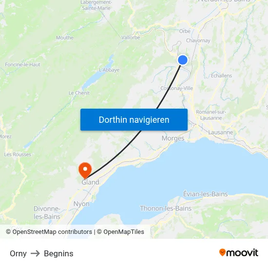 Orny to Begnins map