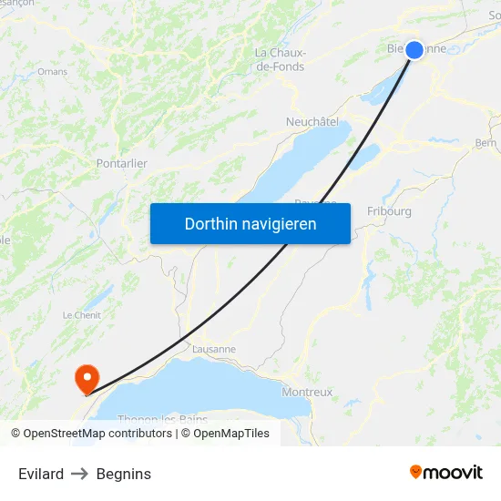 Evilard to Begnins map
