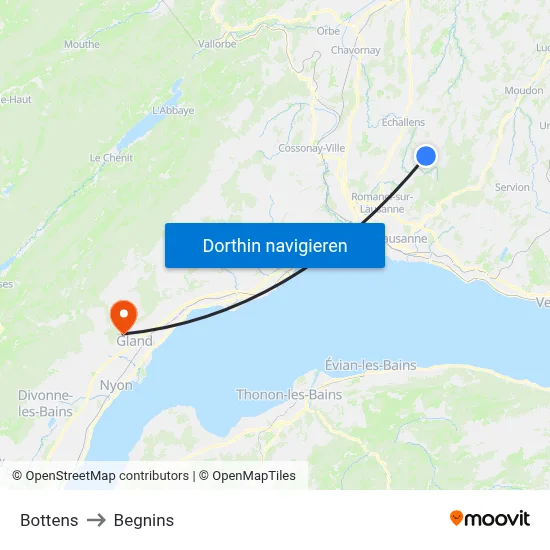 Bottens to Begnins map