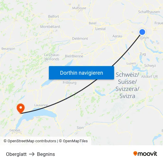 Oberglatt to Begnins map