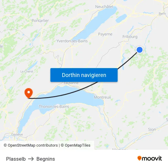 Plasselb to Begnins map