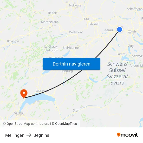 Mellingen to Begnins map