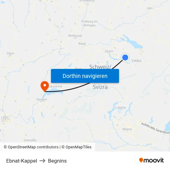 Ebnat-Kappel to Begnins map