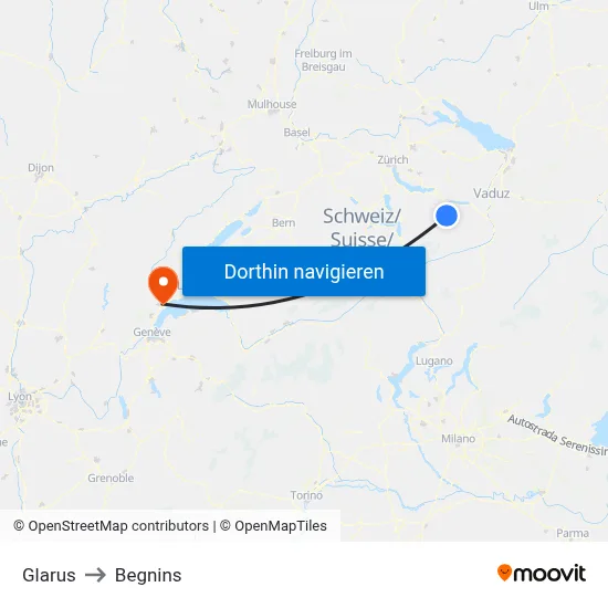 Glarus to Begnins map