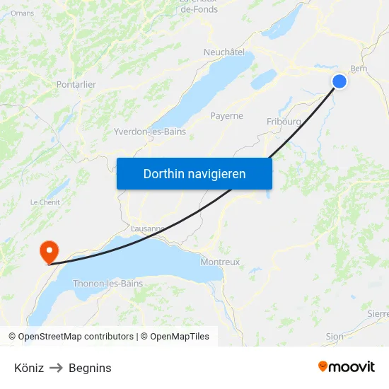 Köniz to Begnins map