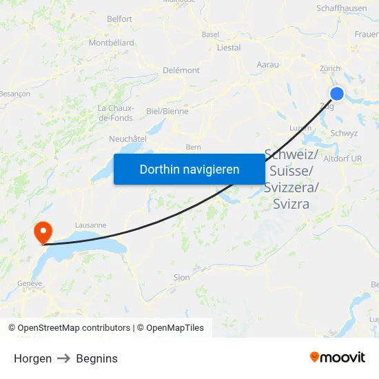 Horgen to Begnins map
