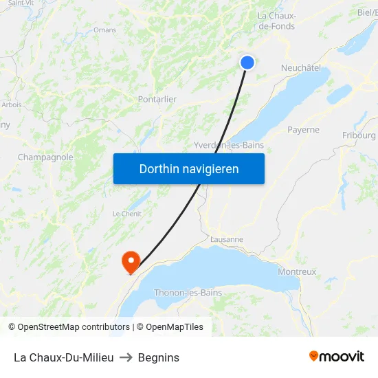 La Chaux-Du-Milieu to Begnins map