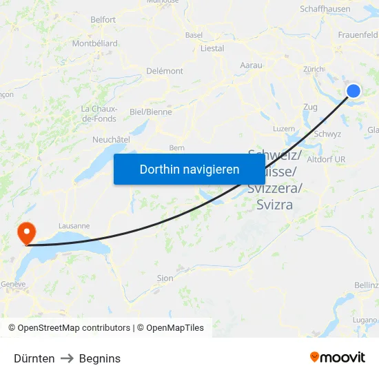 Dürnten to Begnins map