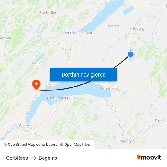 Corbières to Begnins map