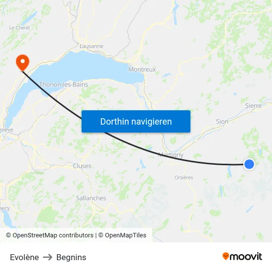 Evolène to Begnins map