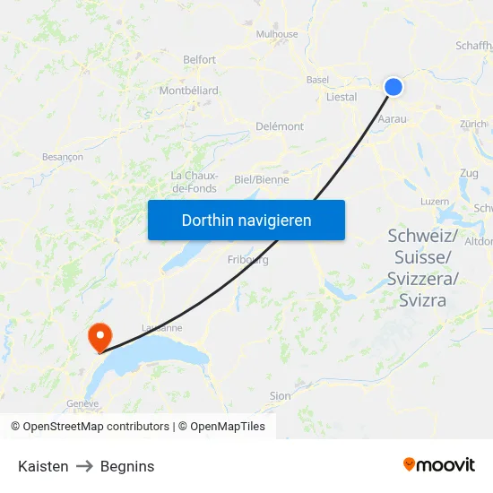 Kaisten to Begnins map