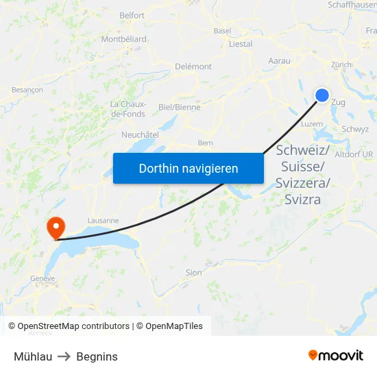 Mühlau to Begnins map
