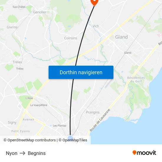 Nyon to Begnins map
