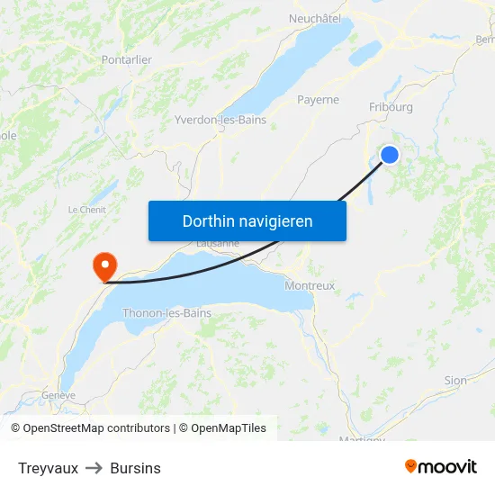 Treyvaux to Bursins map