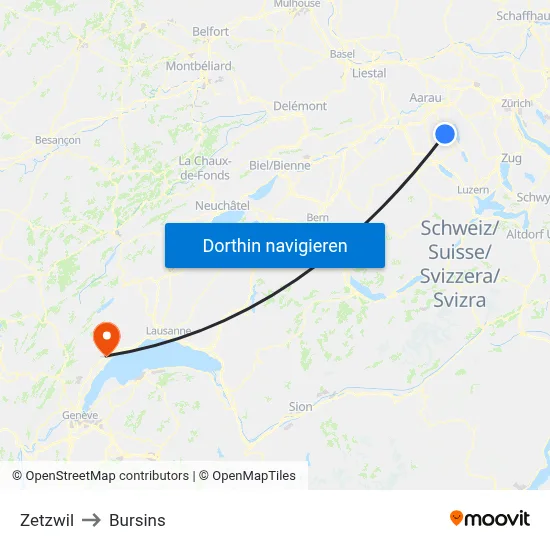 Zetzwil to Bursins map