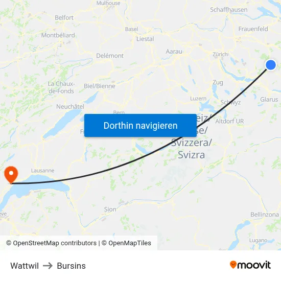 Wattwil to Bursins map