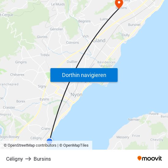 Céligny to Bursins map