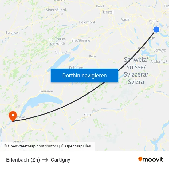 Erlenbach (Zh) to Cartigny map