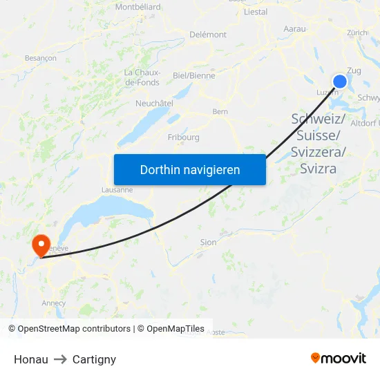 Honau to Cartigny map