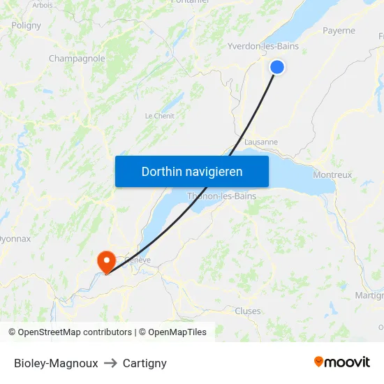 Bioley-Magnoux to Cartigny map