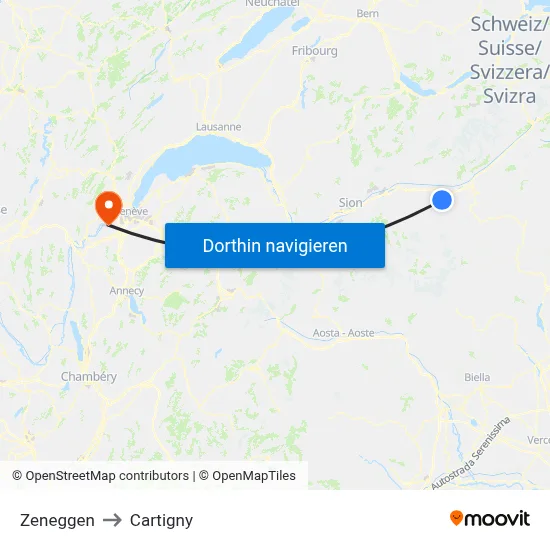 Zeneggen to Cartigny map