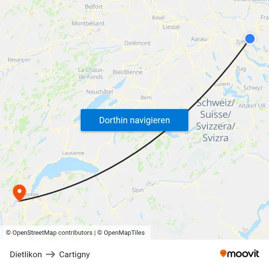 Dietlikon to Cartigny map
