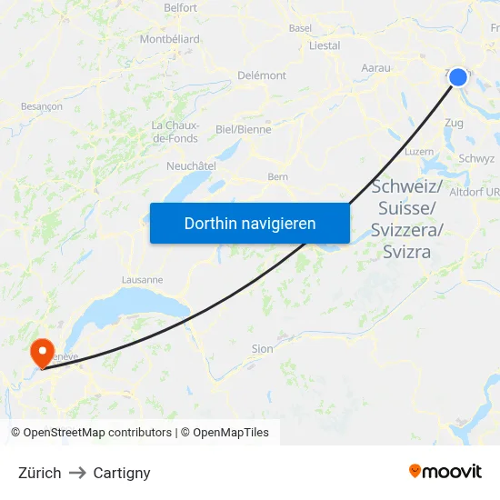 Zürich to Cartigny map