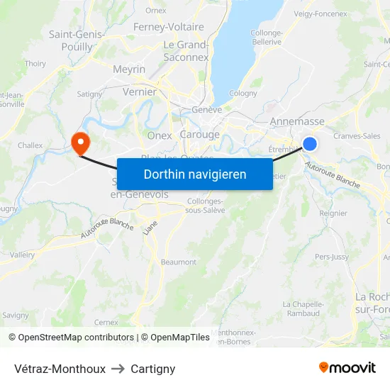 Vétraz-Monthoux to Cartigny map