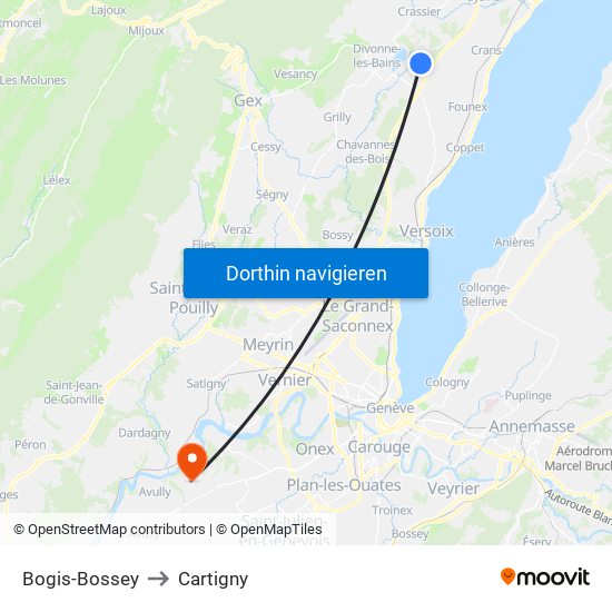 Bogis-Bossey to Cartigny map