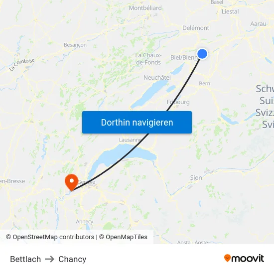 Bettlach to Chancy map