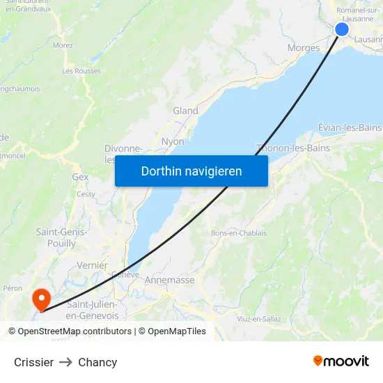 Crissier to Chancy map