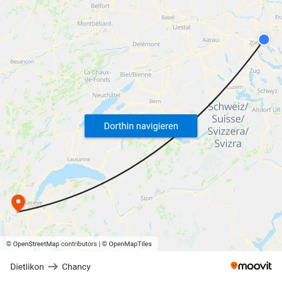 Dietlikon to Chancy map