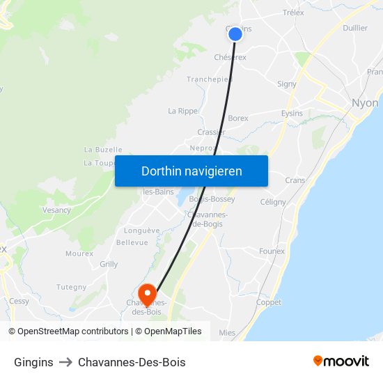 Gingins to Chavannes-Des-Bois map