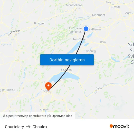 Courtelary to Choulex map