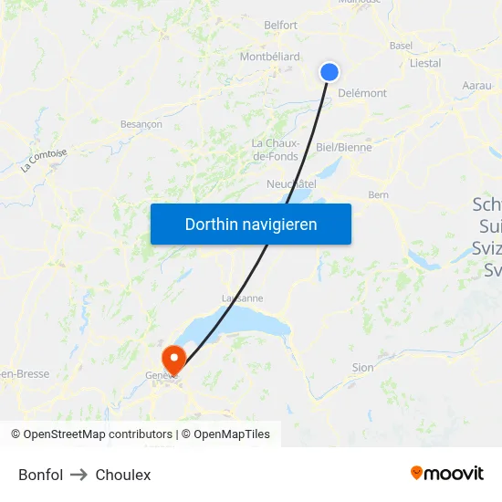 Bonfol to Choulex map