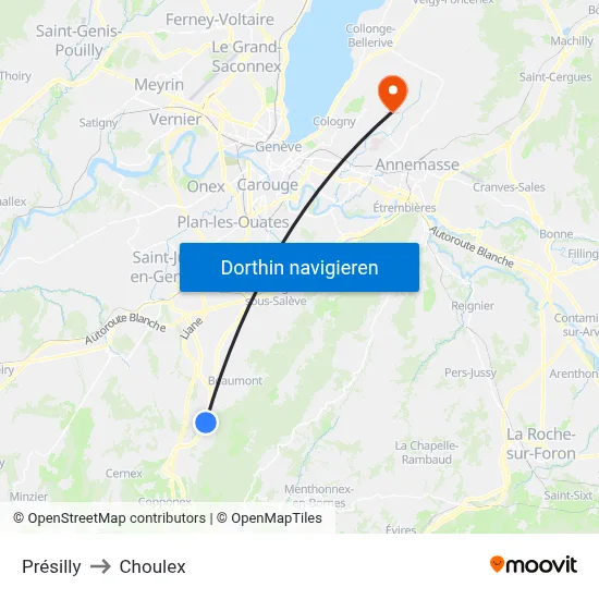 Présilly to Choulex map