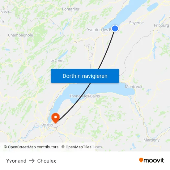 Yvonand to Choulex map
