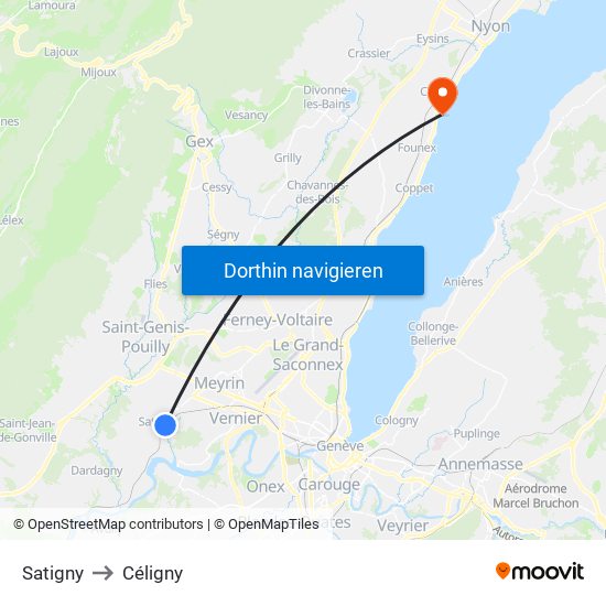 Satigny to Céligny map