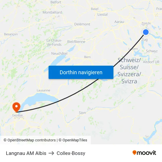 Langnau AM Albis to Collex-Bossy map