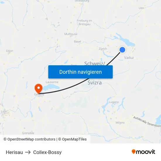 Herisau to Collex-Bossy map