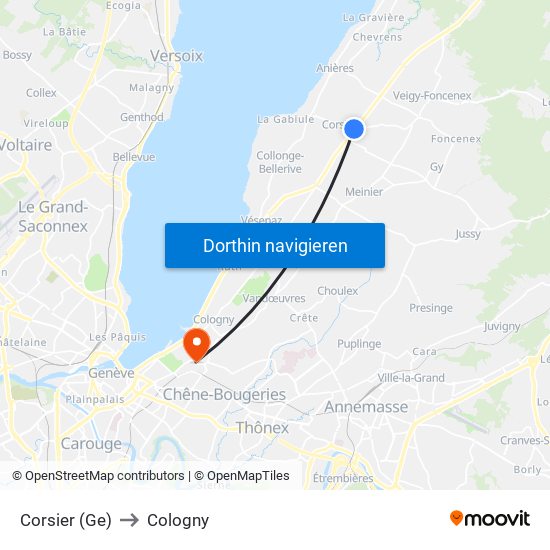 Corsier (Ge) to Cologny map