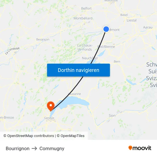 Bourrignon to Commugny map