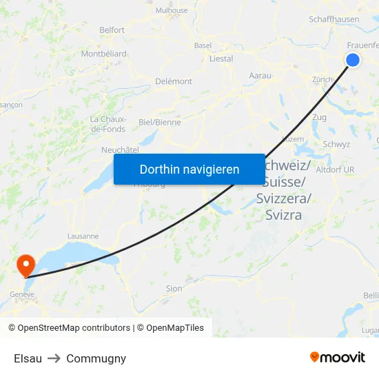 Elsau to Commugny map