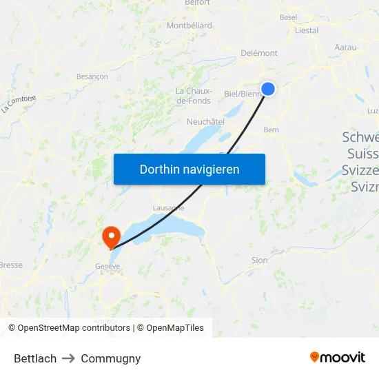 Bettlach to Commugny map