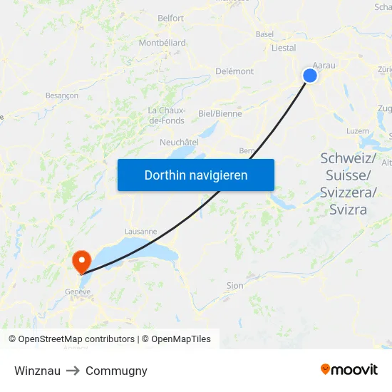 Winznau to Commugny map