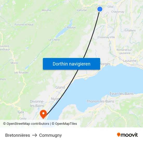 Bretonnières to Commugny map