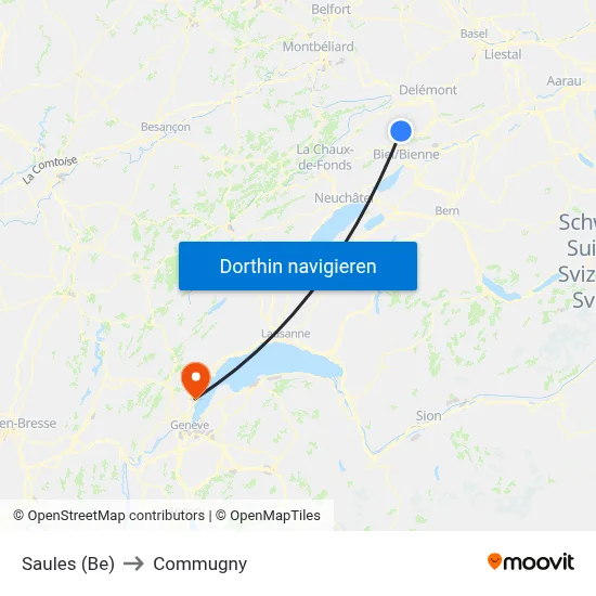 Saules (Be) to Commugny map