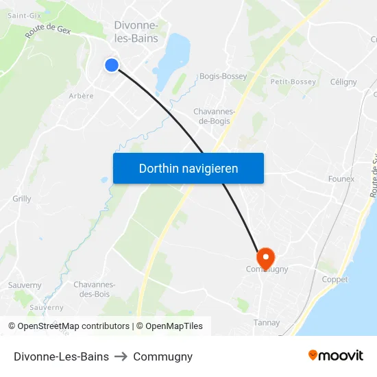 Divonne-Les-Bains to Commugny map