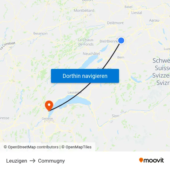 Leuzigen to Commugny map