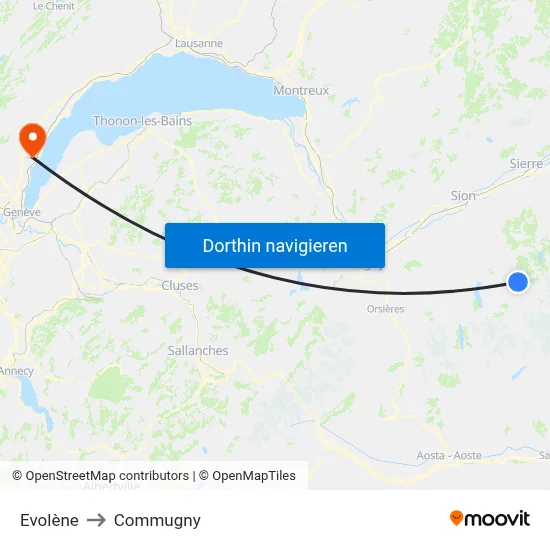 Evolène to Commugny map